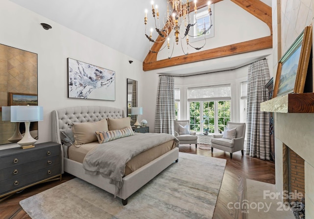 bedroom featuring beamed ceiling, dark parquet flooring, high vaulted ceiling, and a notable chandelier