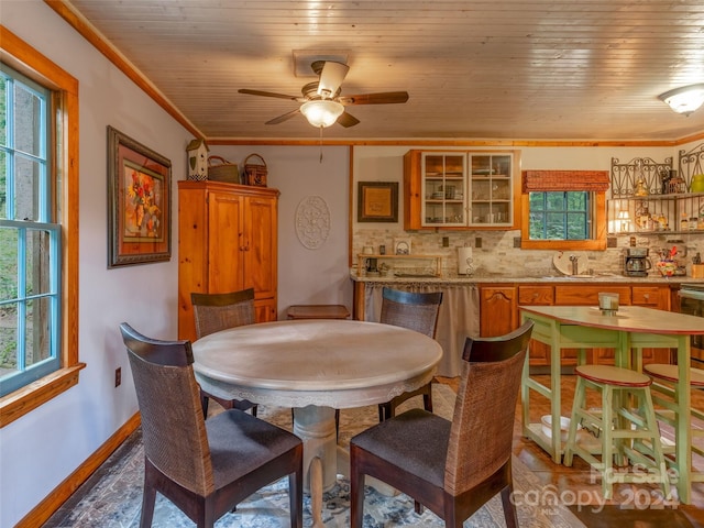 dining area with wooden ceiling, ornamental molding, ceiling fan, and sink