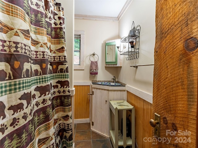 bathroom featuring vanity, wooden walls, and ornamental molding