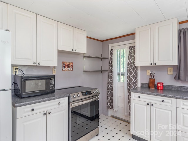 kitchen with stainless steel electric stove, white cabinetry, crown molding, and white refrigerator