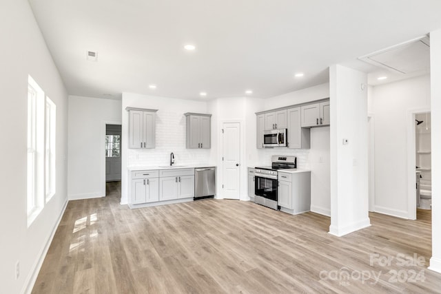 kitchen featuring appliances with stainless steel finishes, light hardwood / wood-style flooring, tasteful backsplash, and sink