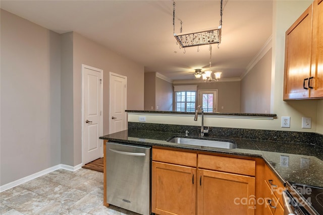 kitchen featuring dishwasher, sink, dark stone countertops, and ornamental molding