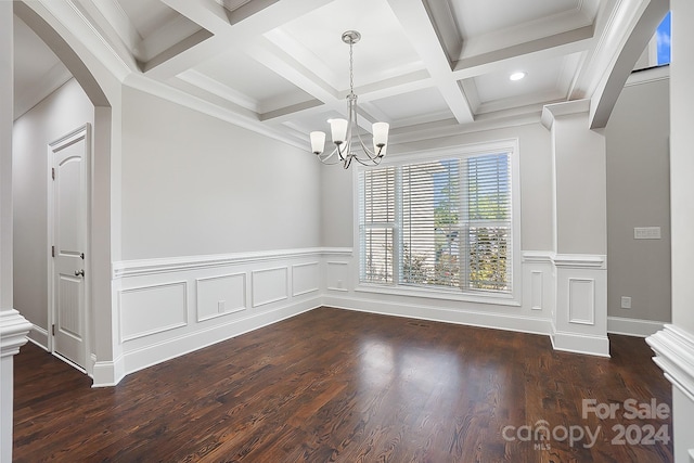 unfurnished dining area featuring dark hardwood / wood-style floors, an inviting chandelier, beamed ceiling, and coffered ceiling