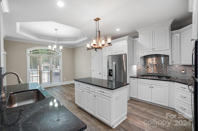 kitchen with a center island, a tray ceiling, white cabinetry, stainless steel appliances, and dark hardwood / wood-style flooring