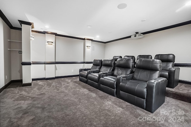 carpeted home theater room featuring crown molding