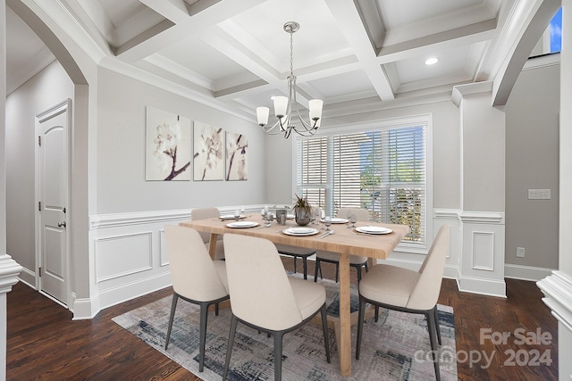 dining space featuring beamed ceiling, crown molding, an inviting chandelier, coffered ceiling, and dark hardwood / wood-style flooring