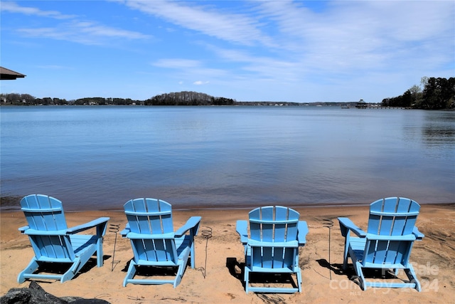 exterior space with a water view