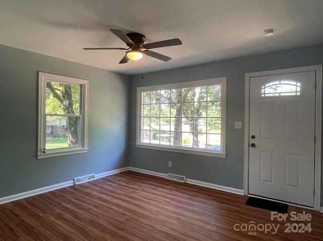 foyer entrance featuring dark hardwood / wood-style flooring, ceiling fan, and plenty of natural light