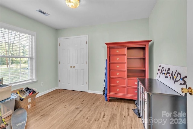 interior space with multiple windows and light hardwood / wood-style flooring