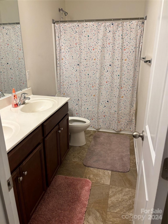 bathroom featuring vanity, toilet, and curtained shower