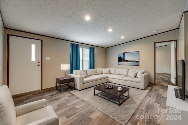 living room with a textured ceiling, ornamental molding, and light wood-type flooring