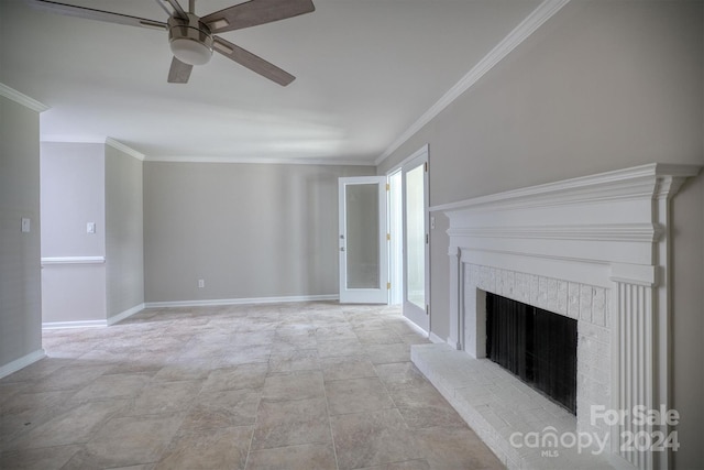 unfurnished living room with ceiling fan, a fireplace, and ornamental molding