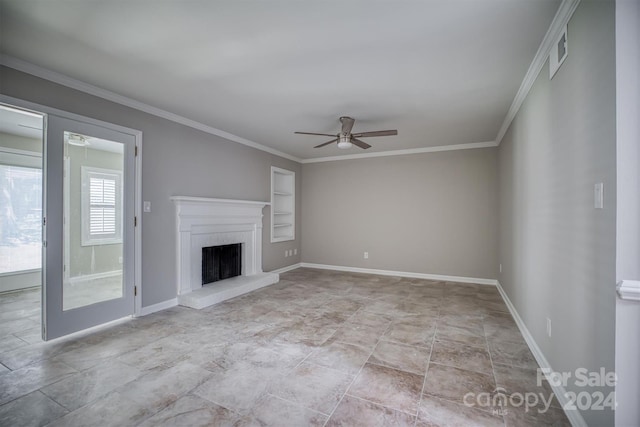 unfurnished living room featuring built in features, ceiling fan, and crown molding