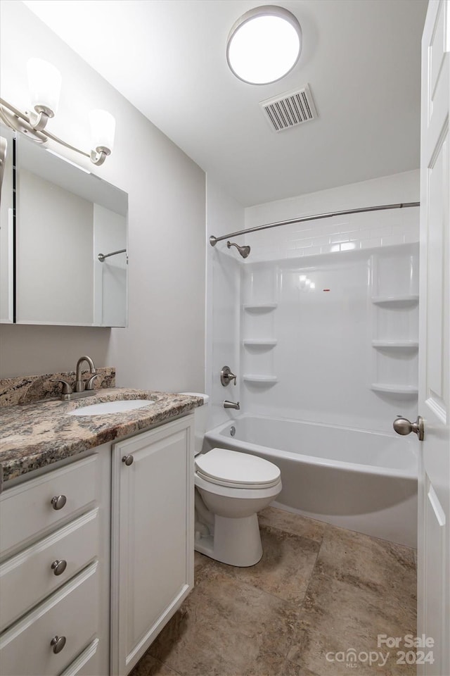 full bathroom with vanity,  shower combination, and toilet