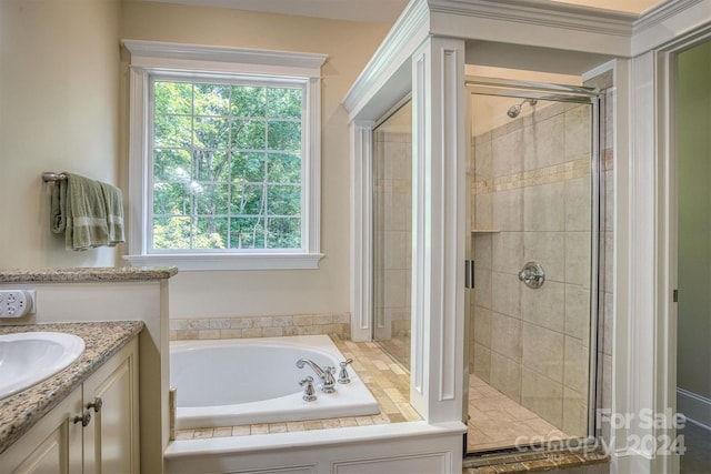 bathroom with plus walk in shower and vanity