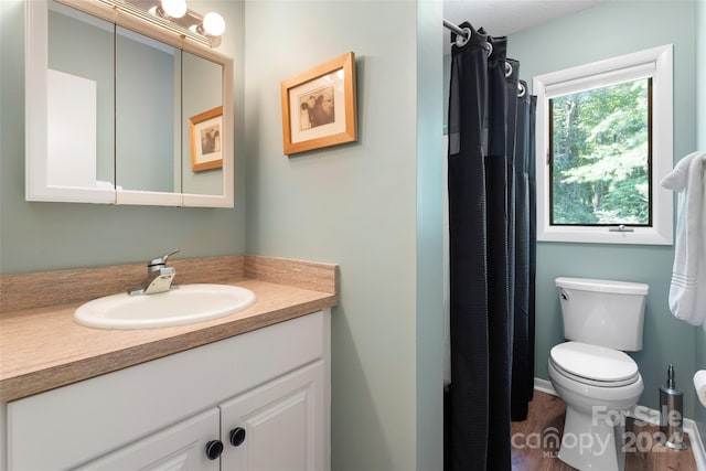 bathroom featuring curtained shower, vanity, and toilet