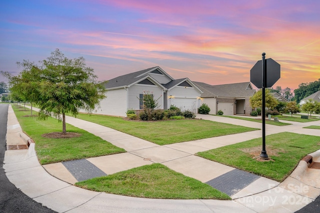 view of front of house with a garage and a yard