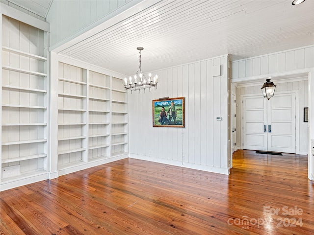 unfurnished dining area with a chandelier, built in shelves, dark hardwood / wood-style floors, and wooden walls