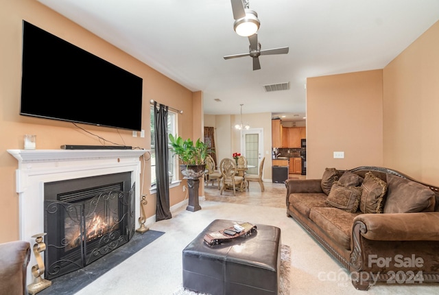 living room with ceiling fan