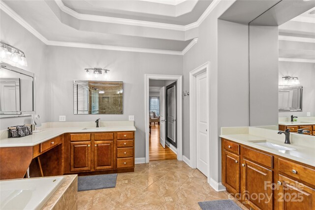 bathroom featuring crown molding, a shower, and vanity