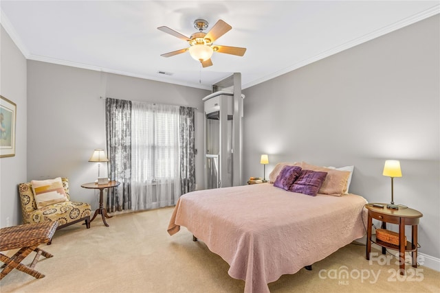 bedroom with crown molding, ceiling fan, and light colored carpet