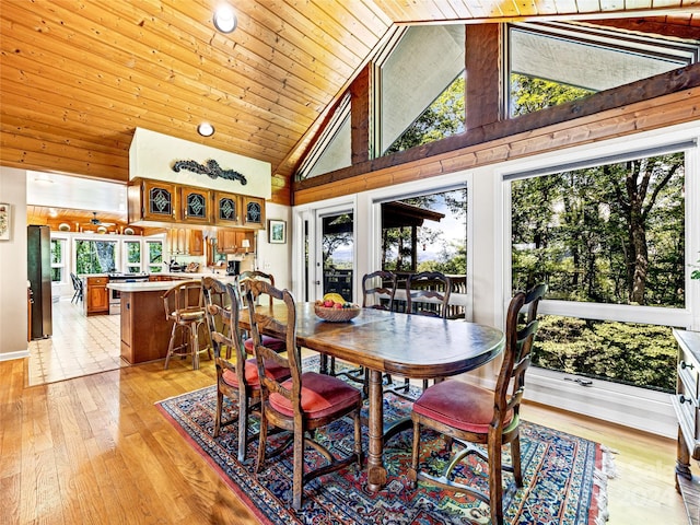 dining room featuring a wealth of natural light, high vaulted ceiling, and wooden ceiling