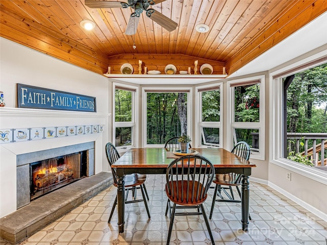 dining room with a wealth of natural light, ceiling fan, wood ceiling, and vaulted ceiling