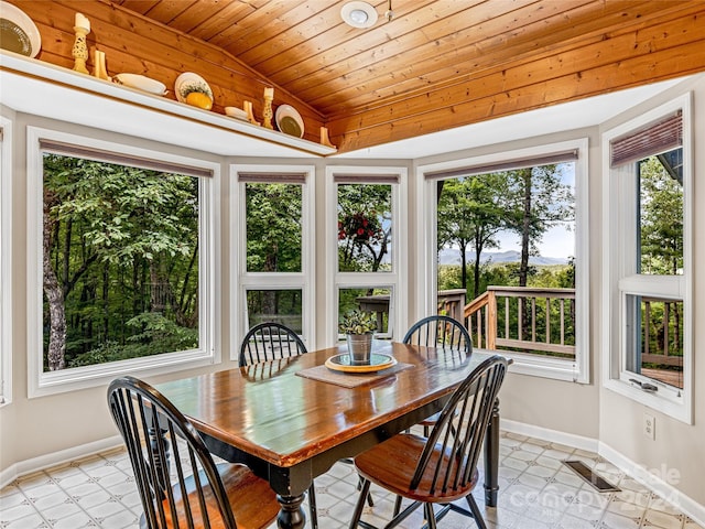 sunroom with lofted ceiling and wood ceiling