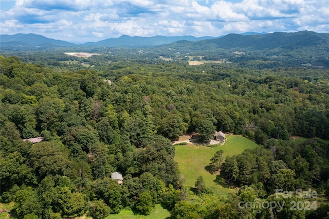 aerial view featuring a mountain view and a forest view