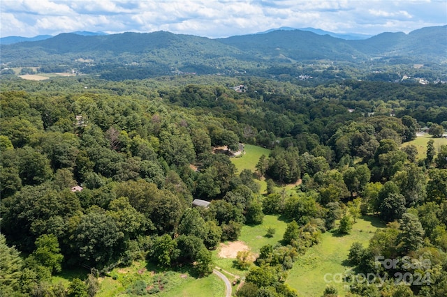 birds eye view of property with a mountain view and a wooded view