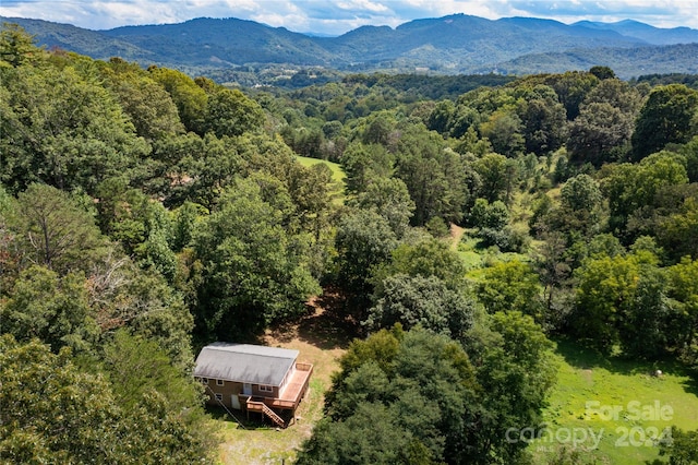 birds eye view of property featuring a mountain view and a wooded view