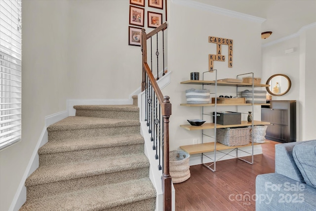 stairs with hardwood / wood-style flooring and ornamental molding