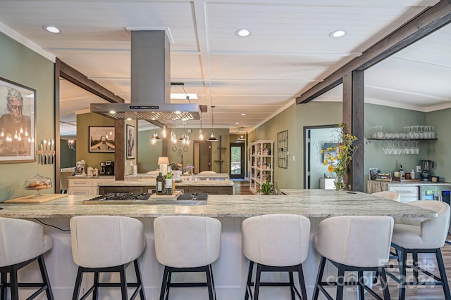 kitchen with a kitchen breakfast bar, stainless steel gas cooktop, and island exhaust hood