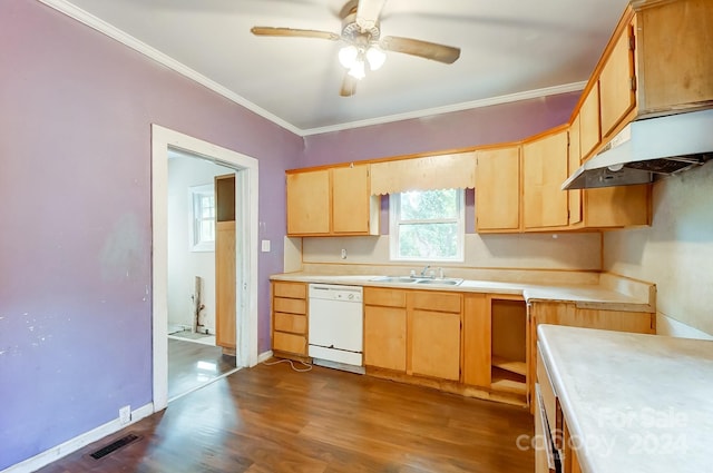 kitchen featuring dark wood-type flooring, ceiling fan, sink, ornamental molding, and white dishwasher