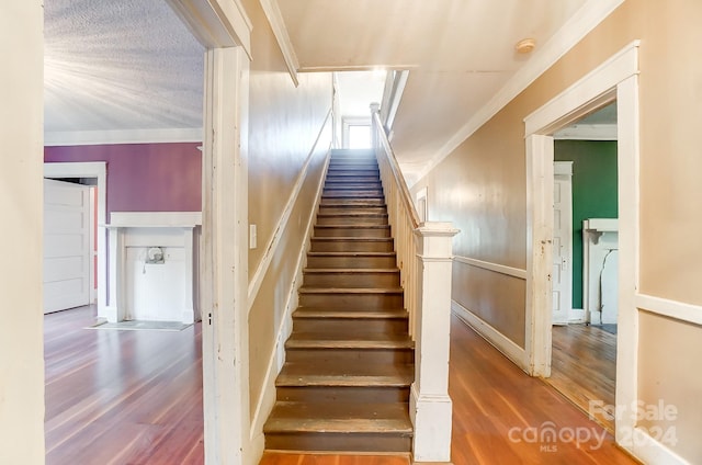 stairs with hardwood / wood-style floors and ornamental molding