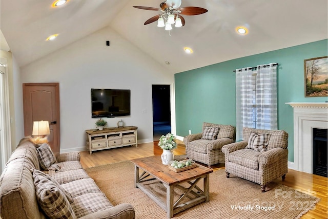 5692 Marblestone Dr, Granite Falls, NC 28630 - living room featuring a ceiling fan, light wood-type flooring, a fireplace, baseboards, and recessed lighting