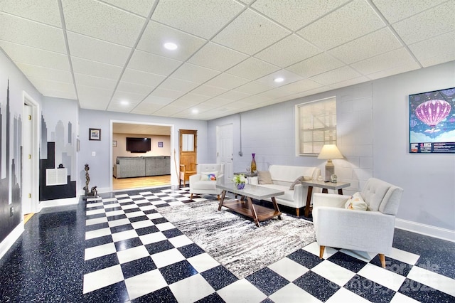 5692 Marblestone Dr, Granite Falls, NC 28630 - living room featuring baseboards, tile patterned floors, a paneled ceiling, and recessed lighting