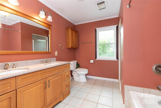 full bathroom featuring tile patterned flooring, vanity, separate shower and tub, toilet, and crown molding