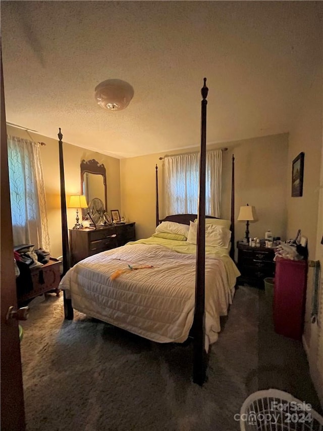 bedroom with carpet and a textured ceiling