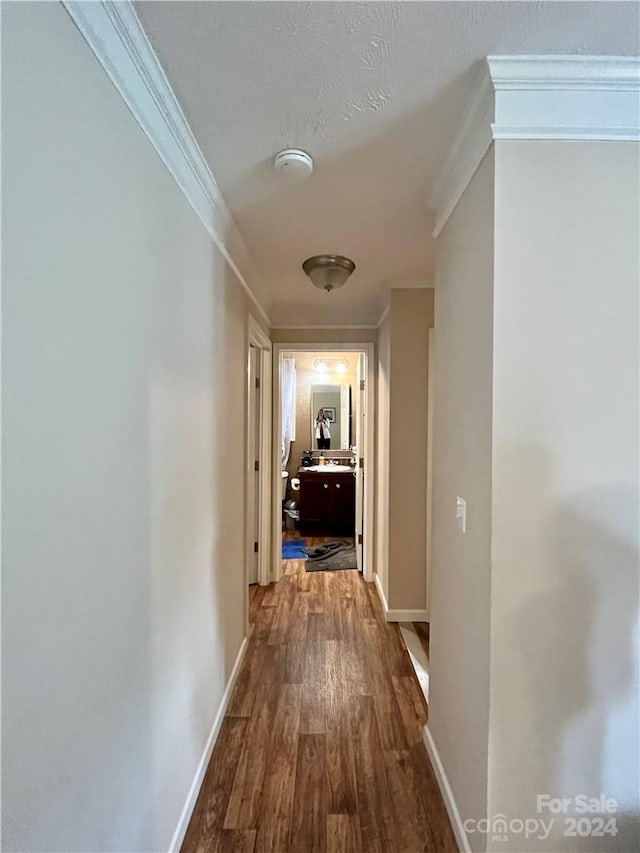 hallway featuring wood-type flooring, crown molding, and a textured ceiling