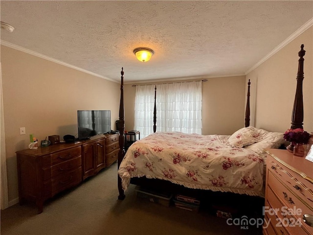 carpeted bedroom with a textured ceiling and ornamental molding