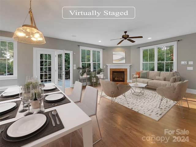 living room with a fireplace, hardwood / wood-style flooring, and ceiling fan