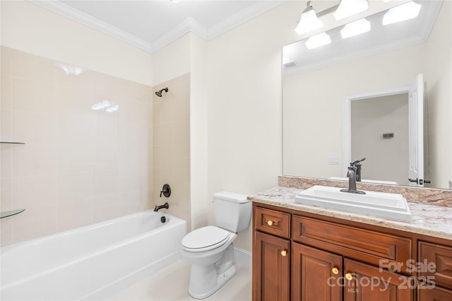 full bathroom with tiled shower / bath combo, vanity, crown molding, and toilet