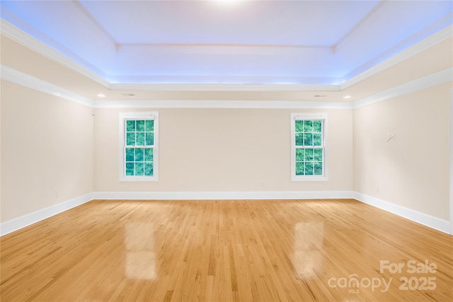 spare room with ornamental molding, a healthy amount of sunlight, hardwood / wood-style flooring, and a tray ceiling