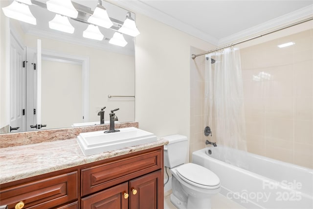 full bathroom featuring toilet, crown molding, shower / bath combination with curtain, and vanity