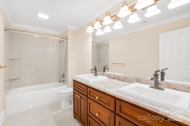 full bathroom with toilet, shower / bath combo, tile patterned flooring, ornamental molding, and vanity