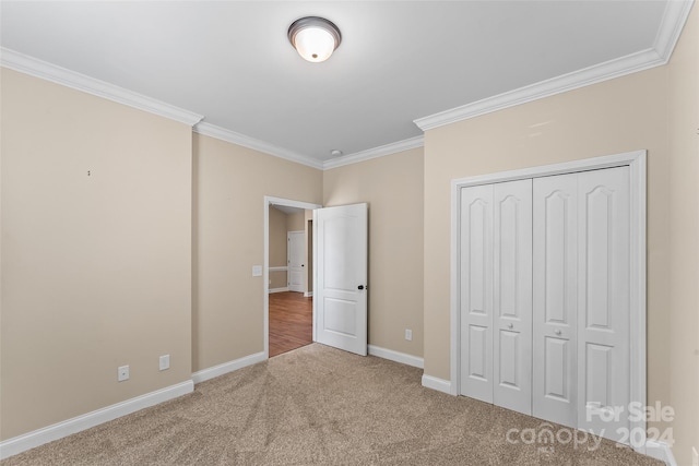 unfurnished bedroom with a closet, ornamental molding, and carpet flooring