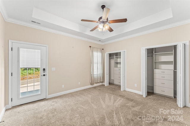 unfurnished bedroom with a raised ceiling, ceiling fan, light carpet, and multiple windows