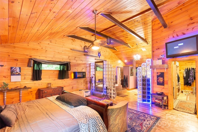 bedroom featuring wooden ceiling, light hardwood / wood-style floors, vaulted ceiling with beams, and wooden walls