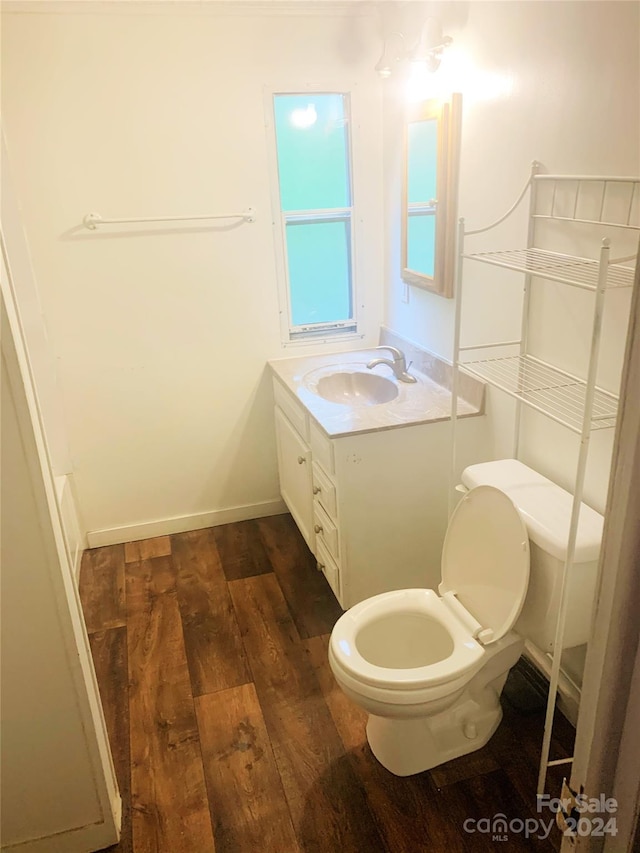 bathroom with toilet, hardwood / wood-style floors, and vanity